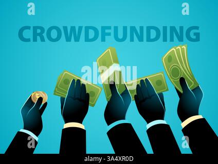 Mani che offrono denaro, accompagnato dal testo Crowdfunding. Rappresenta temi di sostegno alla comunità, raccolta fondi e investimento collettivo Illustrazione Vettoriale