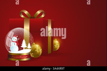Globo di neve dorato, confezione regalo rossa e ornamenti natalizi su sfondo rosso per il testo. Perfetto per le feste e i biglietti di Natale. Illustrazione Vettoriale