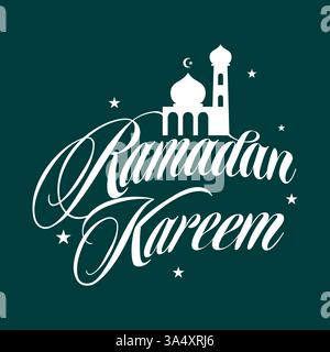 Calligrafia minimalista Ramadan Kareem su sfondo verde, decorata con moschea e stelle. Rappresenta la celebrazione islamica e i saluti degli Eid Illustrazione Vettoriale