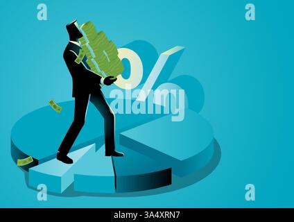 Uomo d'affari che solleva una pila di soldi su un grafico circolare, che rappresenta la condivisione dei profitti, i dividendi e il ritorno sugli investimenti. Perfetto per la finanza, inves Illustrazione Vettoriale