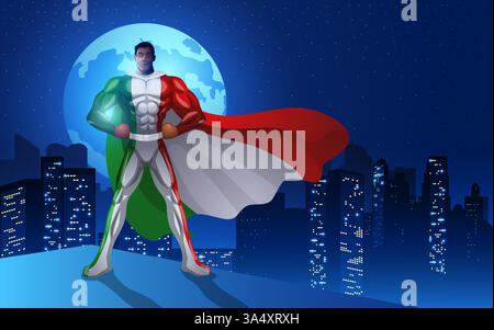 Supereroe in un costume ispirato alle insegne italiane in piedi sul bordo di un edificio con paesaggio urbano notturno e luna piena come sfondo Illustrazione Vettoriale