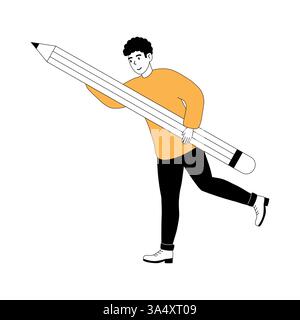 Giovane che porta con sé una matita gigante sorridendo in stile illustrato Illustrazione Vettoriale