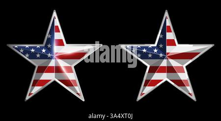 Illustrazione vettoriale di una stella in rilievo con insegne americane colorate in due stili. Perfetto per temi patriottici e grafica in stile militare Illustrazione Vettoriale