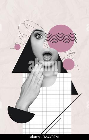 Grafica grafica grafica immagine collage di foto 3D composito di frammenti surreali volto giovane donna emozione scioccata fissando il gesto della mano a bocca aperta Foto Stock