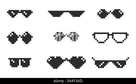 Pixel Glasses 8 bit y2k, occhiali da sole. Icona meme, occhiali. Mafia meme scherzo divertente hipster nero occhiali da vista per gangster . Illustrazione vettoriale Illustrazione Vettoriale