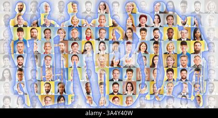 Sagome di dipendenti di varie industrie davanti a ritratti di persone di molte professioni Foto Stock