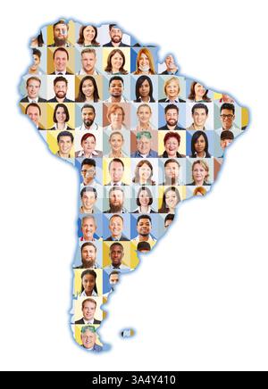 Ritratti di dipendenti di varie professioni su una mappa del Sud America Foto Stock