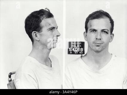 Foto di Lee Harvey Oswald scattate al Dipartimento di polizia di Dallas il 23 novembre 1963. La prima fotografia, un profilo, mostra il lato destro di OSW Foto Stock