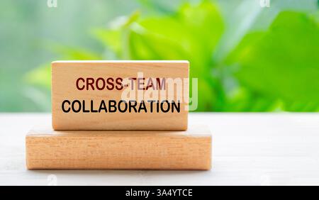Testo di Cross Team Collaboration su blocco di legno con sfondo naturale sfocato. Concetto di collaborazione e lavoro di squadra. Foto Stock