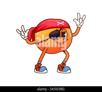Cartoni animati pirata alla frutta arancione e personaggio corsaro con bandana rossa, patch per gli occhi ed eleganti sneakers hippie retrò, che si mettono in posa giocosa e funky con entrambe le mani, trasudano un'atmosfera da swashbuckling y2k Illustrazione Vettoriale