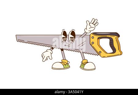 Personaggio o utensile da lavoro Cartoon Groovy per costruzioni fai da te, personaggi vettoriali. Sega a mano eccentrica con sorriso felice e faccia divertente e Hi Hello gesto per carpenteria o strumento di riparazione Illustrazione Vettoriale