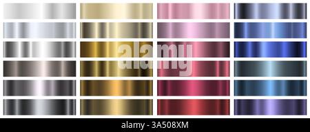 Una serie di gradienti metallici di diversi colori su uno sfondo bianco. Una collezione di sfumature metalliche oro, argento, rosso e blu. Illustrazione Vettoriale