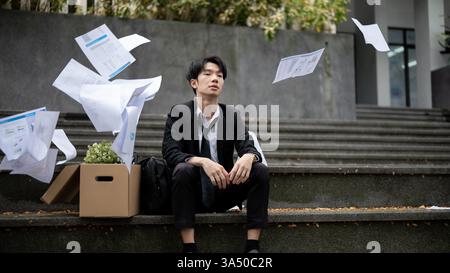 A depressed and sad young Asian businessman is throwing his business paperwork while sitting on the stairs in front of the corporate office with a box Stock Photo