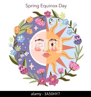 Illustrazione Spring Equinox Day. Celebra l'equilibrio tra giorno e notte, segnando l'arrivo della primavera. Presenta elementi floreali e simboli celesti. Un tempo di rinnovamento e crescita. Illustrazione vettoriale. Illustrazione Vettoriale