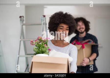 Felice giovane coppia multietnica che si disimballano e si trasferiscono in una nuova casa. Condividono momenti allegri in mezzo a spazi interni e scatole di cartone. Perfetto per funzioni di trasferimento a casa, suggerimenti per il movimento e stile di vita di coppia. Foto Stock