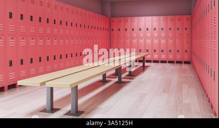 Spogliatoio rosa vuoto con panche in legno a scuola o in palestra 3d. Foto Stock