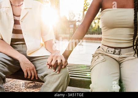 Una coppia eterogenea e irriconoscibile siede su una panchina del parco al tramonto, tenendo per mano una scena calda e retroilluminata. Ideale per romanticismo, incontri o stile di vita con spazio per la copia. Foto Stock