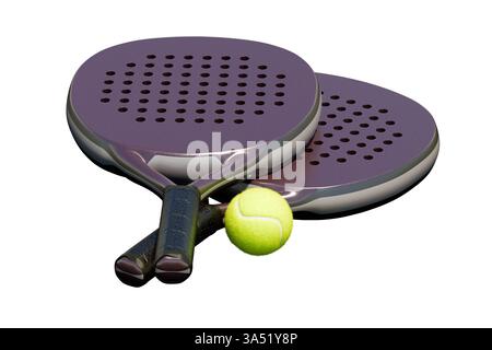 Due pagaie e una palla, pronti per una divertente partita di tennis su uno sfondo isolato. rendering 3d. Set (Imposta) Foto Stock