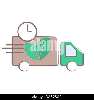 Logo ecologico del veicolo per la consegna con foglie verdi e simbolo dell'orologio Illustrazione Vettoriale