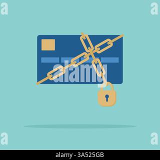Carta di credito bloccata. Catena con un lucchetto sulla carta. Illustrazione vettoriale piatta Illustrazione Vettoriale