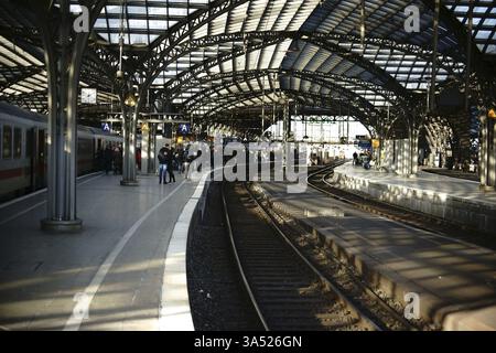 Colonia, Germania - 24 novembre 2016: I viaggiatori si trovano su un binario ferroviario sotto un tetto di vetro alla stazione centrale di Colonia il 24 novembre 2016 a Cologn Foto Stock
