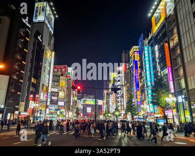 Luci al neon e persone che attraversano una strada nel quartiere Kabukuchi Shinjuku di Tokyo. Foto Stock