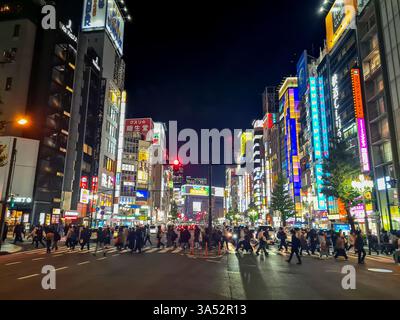 Luci al neon e persone che attraversano una strada nel quartiere Kabukuchi Shinjuku di Tokyo. Foto Stock