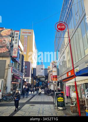 Ingresso alla Nakamise Shopping Street ad Asakusa, Tokyo con Tokyo Skytree in lontananza. Foto Stock