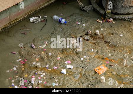 Vari tipi di bottiglie di plastica galleggiano lungo la corrente e si accumulano sulle rive del fiume Padma. Munshiganj, Bangladesh. Foto Stock