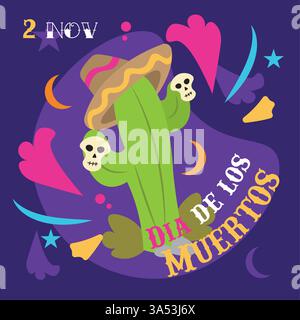 Cactus con sombrero che tiene teschi per dia de Muertos. Vettore Illustrazione Vettoriale