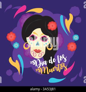 Teschio di zucchero femminile con trucco e decorazioni floreali. Vettore Illustrazione Vettoriale