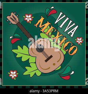 Chitarra con foglie e testo floreale Viva Mexico. Vettore Illustrazione Vettoriale