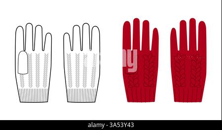 Guanti in lana lavorata a maglia, cartoni animati rossi corti e profilo piatto, accessori per la mano moda, indumento per illustrazione tecnica. Vista posteriore del palmo anteriore vettoriale per uomo e donna, modello CAD unisex Illustrazione Vettoriale