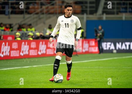 Nadiem Amiri (Germania) durante i quarti di finale della UEFA Nations League, partita di calcio di 1a tappa tra Italia e Germania il 20 marzo 2025 allo stadio Giuseppe Meazza di Milano. Crediti: Luca Rossini/e-Mage/Alamy Live News Foto Stock