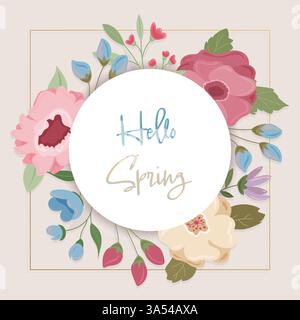 Cornice vettoriale floreale con fiori primaverili e sfondo beige Illustrazione Vettoriale