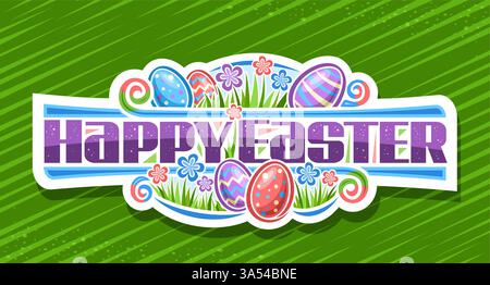 Logo vettoriale per le vacanze di Pasqua, etichetta decorativa bianca con contorno raffigurante i simboli pasquali: Uova colorate su un'erba disegnata da cartoni animati, cartellonistica con Illustrazione Vettoriale