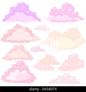 Serie vettoriale di nuvole rosa isolate dallo sfondo. Favolosa collezione di clip artistiche in cotone caramelle Set di adesivi per nuvole femminili Illustrazione Vettoriale