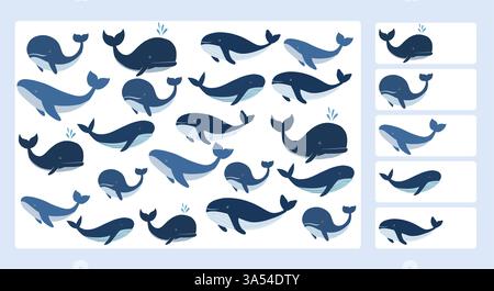 Gioco educativo vettoriale i Spy with Whales. Contare quante immagini di pesci sono nascoste nell'illustrazione. Perfetto per le attività di apprendimento dei bambini, funziona Illustrazione Vettoriale