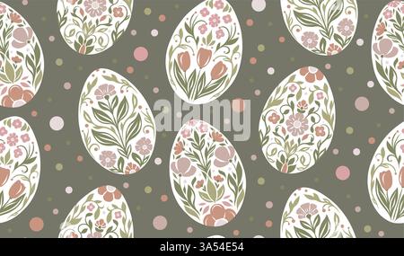 Delicato motivo festivo vettoriale con uova di Pasqua in stile folk art con sfondo a pois. Texture decorativa a tracolla con uova in colori pastello. Illustrazione Vettoriale