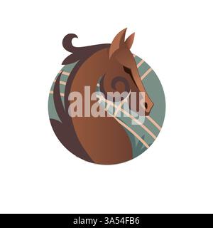 Illustrazione del logo del cavallo in stile etnico kirghiso. Il design elegante è caratterizzato da linee curve complesse e motivi culturali che lo rendono perfetto per i loghi Illustrazione Vettoriale