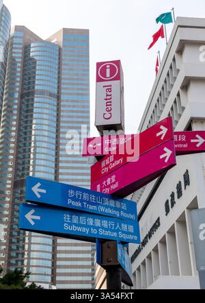 Hong Kong. Cina- 02.21.2025. Un cartello stradale nel quartiere centrale che indica le indicazioni per i vari principali luoghi di interesse della zona. Foto Stock