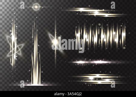 Un bagliore luminoso di stelle scintillanti. Linee luminose del flash con glitter e luce bianca. Scintillio con travi dorate esplosione astratta e realistica Illustrazione Vettoriale