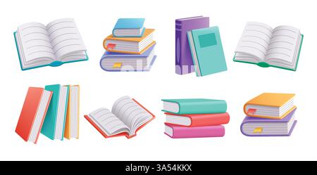 Libri che disegnano il set 3d clipart. Testo scolastico elementi colorati clip art in una raccolta di dizionari, romanzi, letteratura e storia a pagine aperte e chiuse Illustrazione Vettoriale
