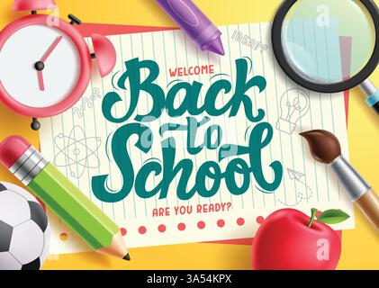 Bentornato al modello clipart scolastico. Testo di saluto scolastico su sfondo cartaceo con orologio, matita, pennello e lente d'ingrandimento didattica Illustrazione Vettoriale