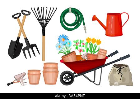 Set di attrezzi da giardino. Fiore in vaso, annaffiatoio e sacchetto con il terreno. Pala, rastrello, forche e vasi di argilla. Carriola da giardino con fiori in vaso. Vettore Illustrazione Vettoriale