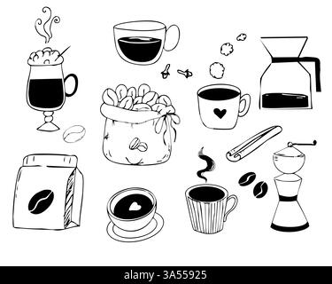 Set di spaghetti per caffè, un sacco disegnato a mano con chicchi di caffè, macinacaffè, spezie. Bevanda mattutina e tazze da asporto. Disegno carino della linea. Illustrazione vettoriale Illustrazione Vettoriale