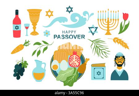 Felice Pasqua. Set di icone che celebrano la festa ebraica Pesach . Illustrazione piatta vettoriale Illustrazione Vettoriale