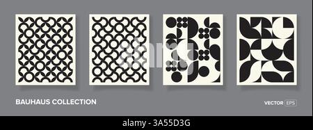 Set retrò di quattro poster geometrici in bianco e nero con motivo vettoriale minimale e design geometrico anni '20. Sfondo alla moda bauhaus per la copertina Illustrazione Vettoriale