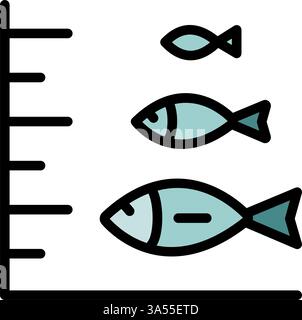 Icona contorno pesce. Impianto di acquacoltura industriale e commerciale per l'allevamento di pesce ittico. Insegna del prodotto di pesce, cucina del pesce dell'oceano o ingrediente culinario c Illustrazione Vettoriale