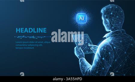 Ingegnere digitale che detiene un ologramma di tablet e chip. Tecnologia ai, dati digitali Illustrazione Vettoriale